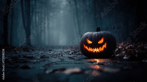 A glowing jack-o'-lantern with a menacing face sits on a foggy forest path covered in autumn leaves, creating a spooky Halloween atmosphere