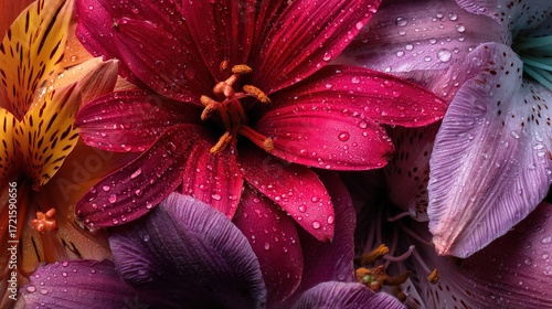 Extreme close-up of deep red and purple lilies with glistening water droplets, highlighting their textures and creating a luxurious floral aesthetic perfect for cosmetics ads, fashion editorials, and