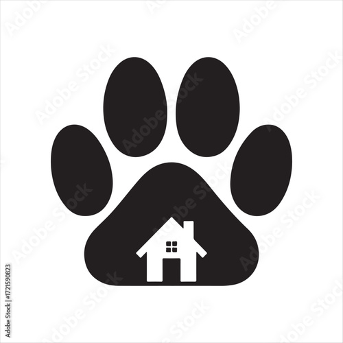 Dog Paw with House vector Silhouette line art logo design concept illustration
