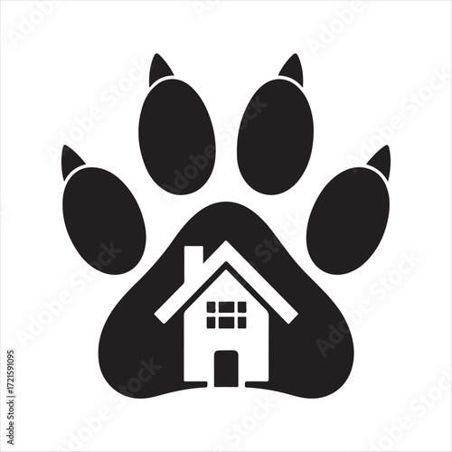 Dog Paw with House vector Silhouette line art logo design concept illustration