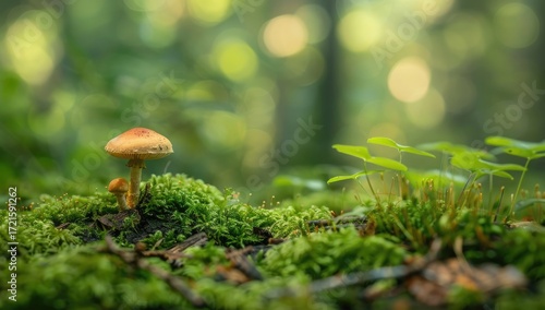 Wallpaper Mural A solitary mushroom with a smaller one beside it sprouts from a bed of vibrant green moss and small plants, set against a softly blurred forest backdrop Torontodigital.ca