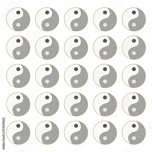 Seamless pattern of classic yin yang symbols arranged in a balanced repeat design with clean vector lines and subtle contrasts, ideal for fabric prints, wallpapers, meditation art, and spiritual proje
