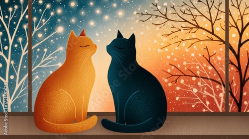 Charming Watercolor of Cats by Snowy Window – Whimsical  of Two Cats by a Winter Window at Sunset  gentle feline moment in a cozy seasonal setting perfect for art prints or lifestyle products