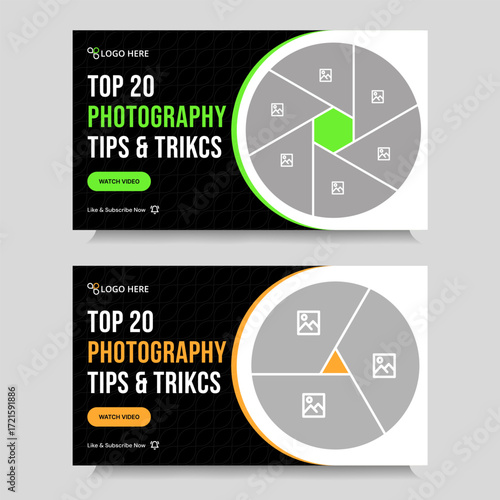 Multipurpose photography tips and tricks video thumbnail banner design, daily photography techniques video set cover banner design, fully customizable vector eps 10 file format