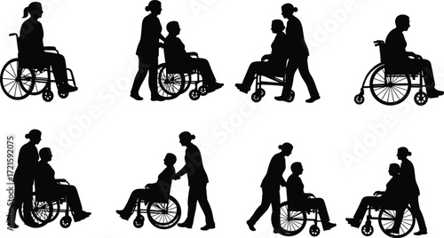 Elderly care, wheelchair patient, caregiver support, disability assistance, medical help, healthcare service, nursing aid, hospital support, rehabilitation, compassion illustration