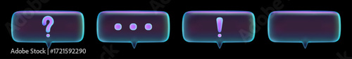 3D rectangular neon chat bubbles set with question mark, typing dots, exclamation mark and empty template isolated on dark background for futuristic communication design