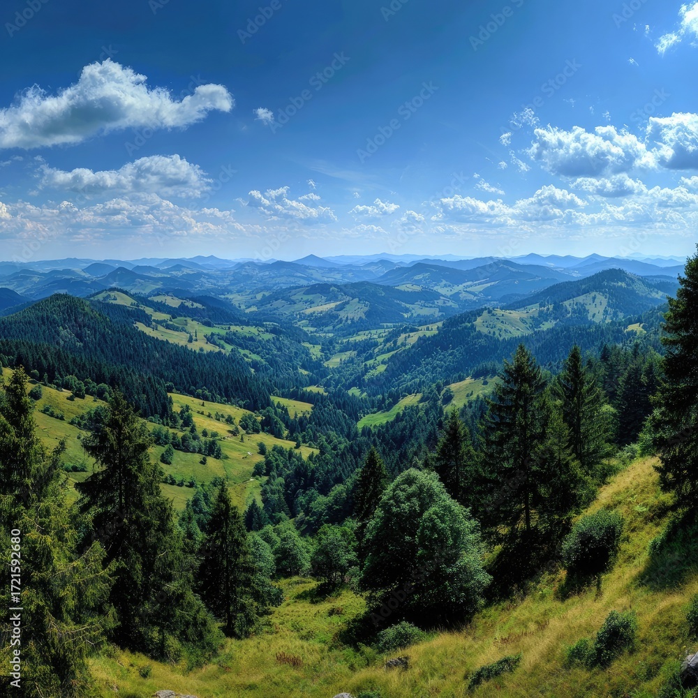 Fototapeta premium Panoramic view of rolling green hills and valleys, dotted with evergreen forests under a vibrant blue sky with scattered clouds