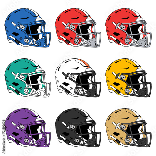 Collection of nine american football helmets in various styles