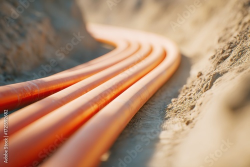 Orange utility pipes are laid in a trench, curving through sandy soil at a construction site