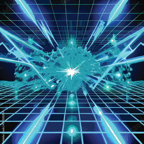 Abstract Neon Blue Grid and Energy Explosion in Digital Space vector illustration