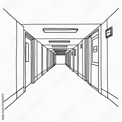 Simple line drawing of a hospital corridor with doors on both sides  