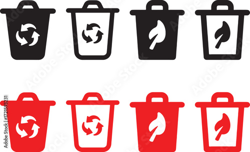 trash, can, bin, garbage, waste, disposal, recycling, symbol, flame, leaf, eco, environment, green, red, black, white, icon, set, collection, refuse, litter, sustainability, energy, fire, nature, grap
