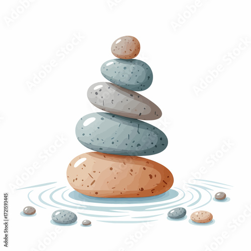 Stack of smooth, balanced stones in water, representing tranquility, meditation, and harmony