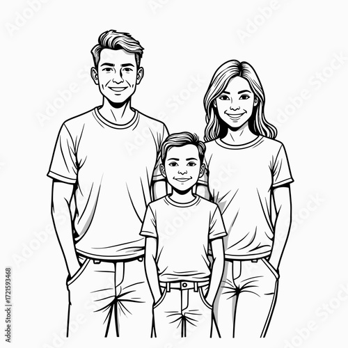 Happy family standing together in matching t-shirts on white background  