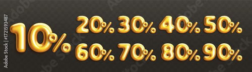 Set of golden 3d off discount numbers with percentage. 10%, 20%, 30%, 40%, 50%, 60%, 70%, 80%, 90%. Glossy realistic decoration elements with shadow for promotion sale banner. Vector illustration