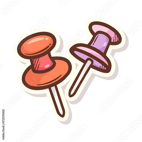 Colorful set of cute cartoon push pins, thumbtack sticker icons