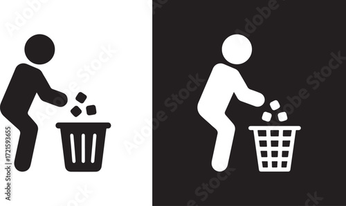 trash, bin, garbage, waste, disposal, recycling, litter, clean, environment, hygiene, icon, symbol, person, throwing, dropping, silhouette, black, white, contrast, graphic, design, vector, illustratio