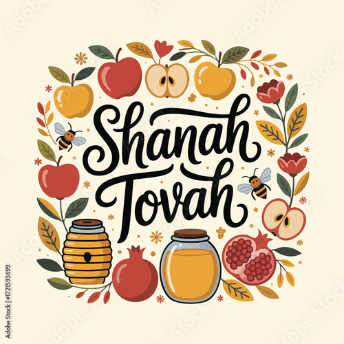 Rosh Hashanah vector illustration collection featuring symbolic Jewish New Year elements, perfect for spiritual, educational, and festive seasonal themes in clean flat design style.