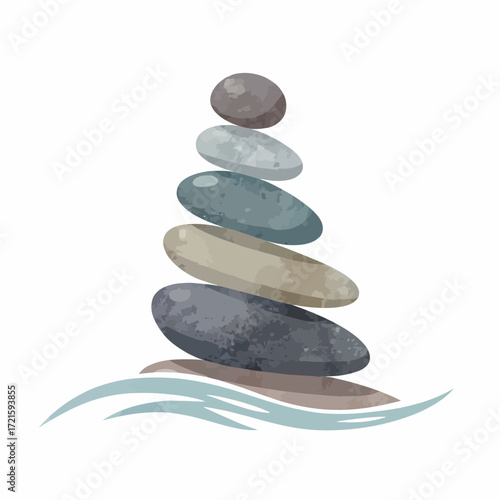 Harmonious cairn of smooth, natural stones artfully balanced, symbolizing tranquility, mindfulness, and inner peace