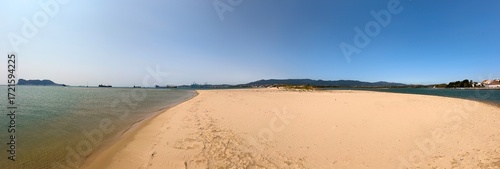 panorama view of the beach and dunes at the Bay of Gibraltar near Algeciras with a view towards Gibraltar, Dunas del Rincocillo, Playa de El Rinconcillo, Bay of Algeciras, Andalusia, Spain