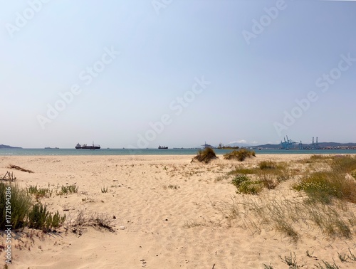 sandy beach at the Bay of Gibraltar near Algeciras, Dunas del Rincocillo, Playa de El Rinconcillo, Bay of Algeciras, Costa del Sol, Andalusia, Spain
