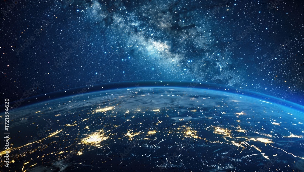 Obraz premium A nighttime view of Earth from space, showcasing city lights against a backdrop of the star-filled Milky Way galaxy. The curve of the planet is prominent, and the contrast between