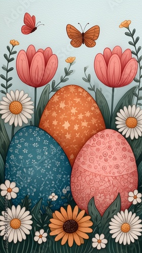 Playful Easter Bunny and Colorful Eggs Scene – Colorful Easter Eggs and Spring Flowers  with Butterflies  perfect for seasonal campaigns, spring promotions, and holiday products