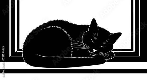 Elegant black cat peacefully napping on a window ledge, a serene monochrome graphic illustration of quiet domesticity