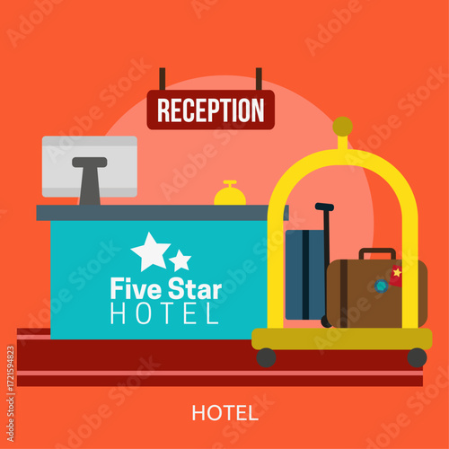 Vector illustration of a modern hotel front desk offering premium hospitality services