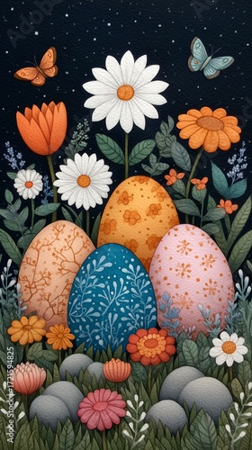 Playful Easter Bunny and Colorful Eggs Scene – Whimsical Nature Scene with Butterflies, Flowers, and Decorated Eggs  perfect for seasonal campaigns, spring promotions, and holiday products