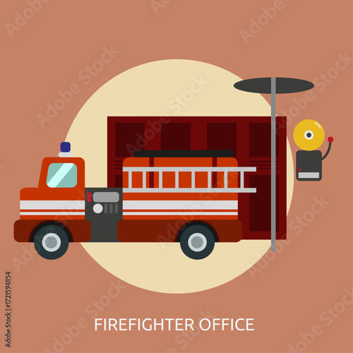 Firefighter Office A Detailed Illustration of a Fire Truck and Building
