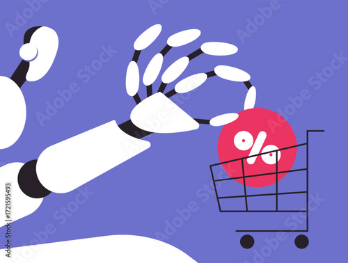 AI Robot Hand Putting Discount Percent Sign into Shopping Cart. E-commerce Sale and Online Shopping Concept. Vector Illustration.