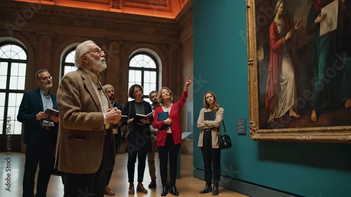 Art Appreciation: A group of art enthusiasts, with diverse backgrounds, admire a classic artwork in a museum, illustrating the passion for culture and artistic masterpieces.