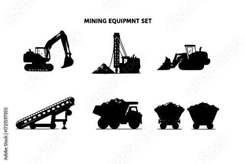 Mining Equipment Outline Icon Set – Excavator, Drilling Rig, Bulldozer, Conveyor Belt, Haul Truck – Vector Line Icons for Mining Industry, Construction, and Heavy Machinery