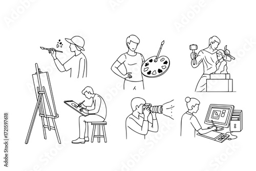 Artists at Work Outline Icons – Painter with Brush, Sketching Figure, Artist with Palette – Vector Line Art Set