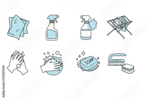 Coaster Cleaning Outline Icon Set – Wipe Cloth, Spray Bottle, Drying Rack, Washing Hands, Soap, Brush – Vector Line Icons for Cleaning, Hygiene, and Maintenance Tasks