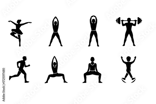 Dance and Fitness Silhouette Icons Set – Solid Filled Exercise and Workout Symbols – Vector Icons for Health, Gym, Aerobics, Yoga, and Active Lifestyle Designs