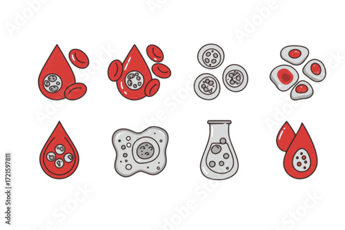 Blood Component Outline Icon Set – Red Blood Cell, White Blood Cell, Platelet, Plasma, Hemoglobin, Blood – Vector Line Icons for Medical, Healthcare, and Biology Illustrations