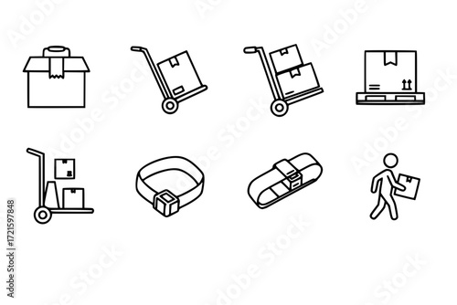 Carry Logistics Outline Icons – Delivery Box, Hand Truck, Moving Cart, Pallet Jack, Carry Strap – Vector Line Icon Set for Shipping, Transport, Warehouse, and Delivery Services