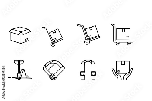 Carry Logistics Outline Icons – Delivery Box, Hand Truck, Moving Cart, Pallet Jack, Carry Strap – Vector Line Icon Set for Shipping, Transport, Warehouse, and Delivery Services