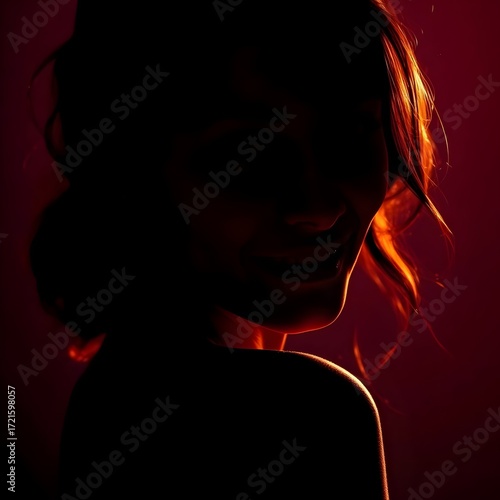 Silhouetted figure, rich burgundy and deep blue. Photograph of a beautiful woman, flushed cheeks, shy smile, eyes avoiding the camera. Photorealistic, soft contrast, soft saturation, backlighting.