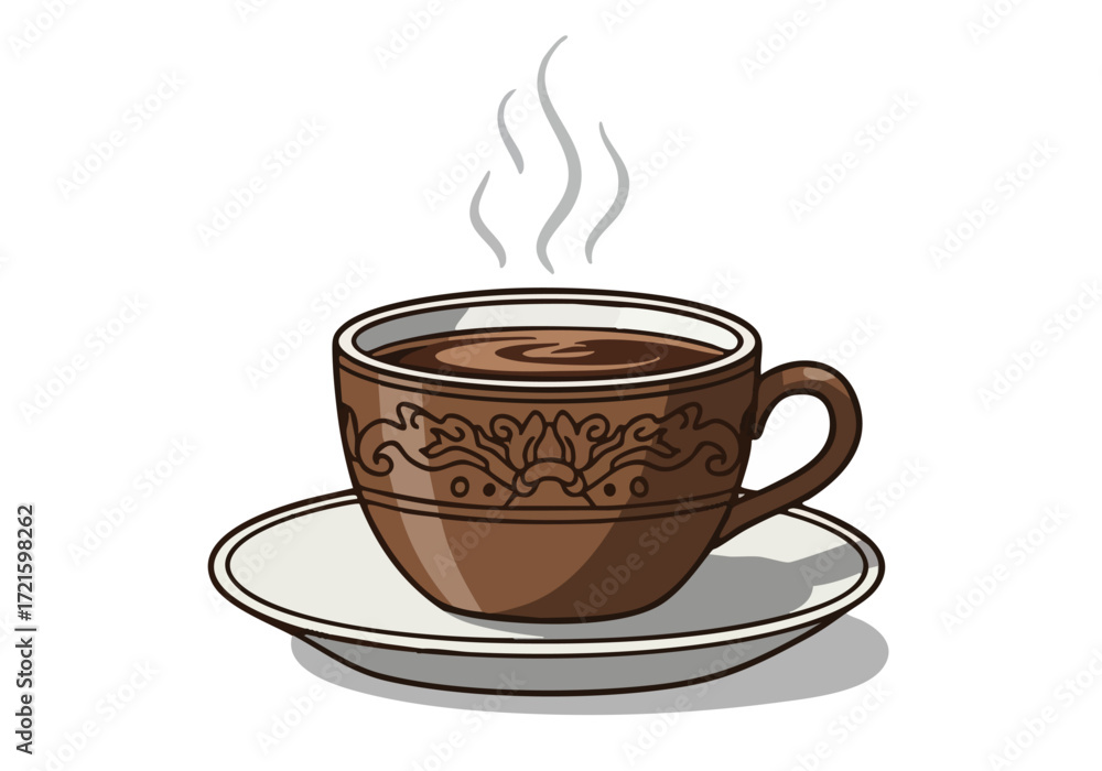 Obraz premium A beautifully illustrated cup of coffee with steam, presented on a decorative plate. Features a Bali-inspired design. Perfect for branding, social media, or design projects.