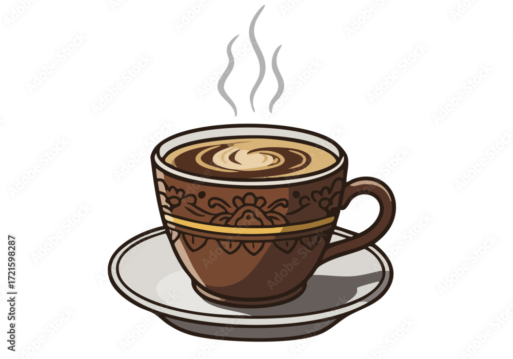 Obraz premium beautifully illustrated cup of coffee with steam presented on a saucer A charming Bali symbol adds a cultural touch Perfect for branding advertising or decorative designs