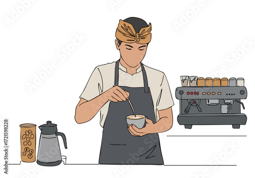 barista meticulously crafts a coffee beverage embodying -Brew the Bliss-  Warm tones and a focused expression create a serene inviting scene  Perfect for lifestyle and coffee-related content