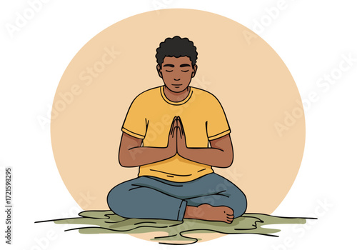 Black man meditates in a seated position palms together conveying peace and mindfulness Soft colors and a simple background create a calming visual -Ground the Grace- text overlay