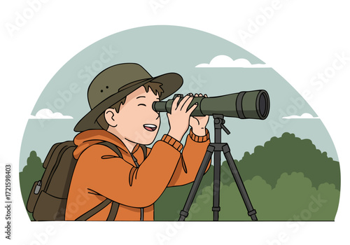 A young boy uses binoculars to spot something in a forest setting. He wears a hat and backpack, enjoying outdoor exploration. Focus on the action of searching.
