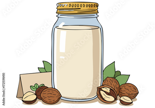 A charming illustration of a glass jar filled with milk, accented with a label, walnuts, and leaves. Clean lines and a soft color palette create a visually appealing and modern design.