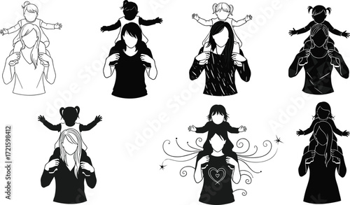 Mother silhouettes carrying daughters on shoulders, family love, parent child bonding, happy motherhood, childhood joy, parenting illustration, mom support, family connection