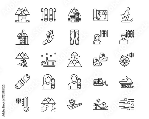 Ski Resort Line Vector Icons