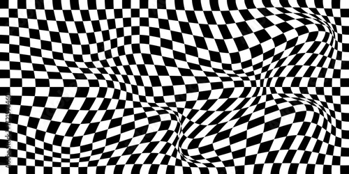 Curved checkerboard background, black abstract distorted grid texture. EPS10. Vector background